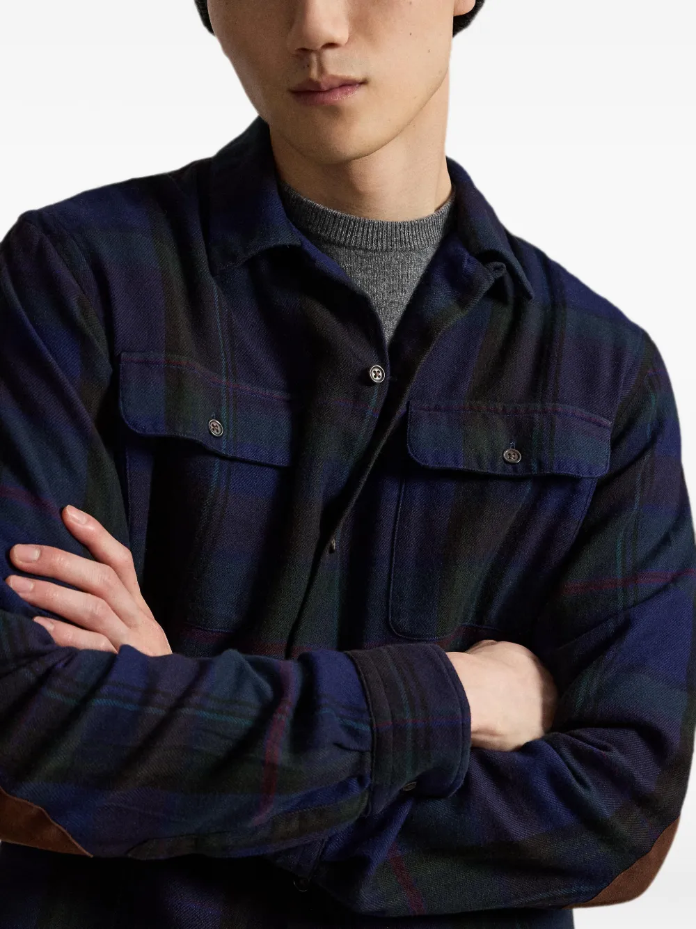 Polo Ralph Lauren Twill geruit overhemd met suède afwerking Blauw