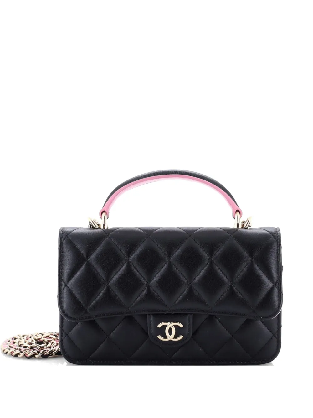 CHANEL Pre-Owned Classic Top Handle Flap Phone Holder with Chain Quilted Lambskin crossbody bag - Nero