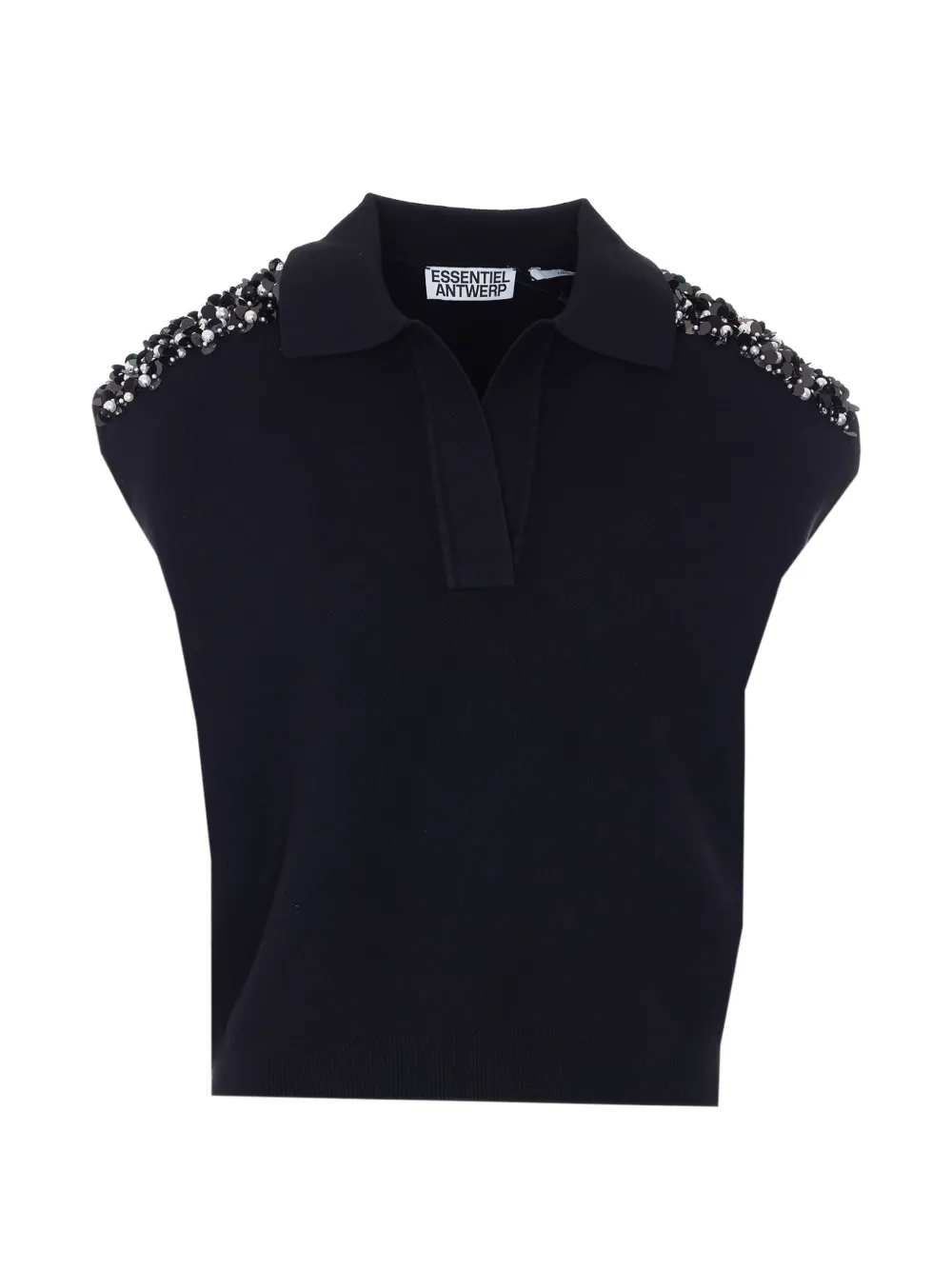 Essentiel Antwerp sleeveless embellished shoulders polo top - Nero