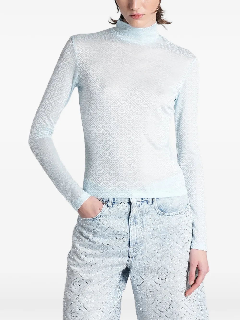 Casablanca monogram-pattern high-neck top - Blu