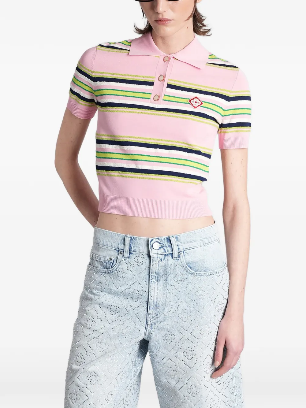 Casablanca stripe-pattern logo-patch polo shirt - Rosa