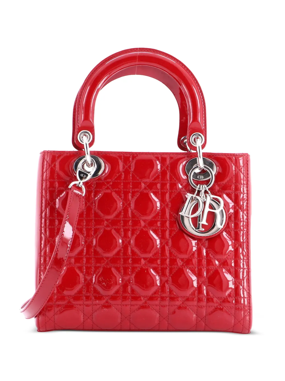 Christian Dior Pre-Owned Lady Dior Bag Cannage Quilt Patent Medium satchel - Rosso
