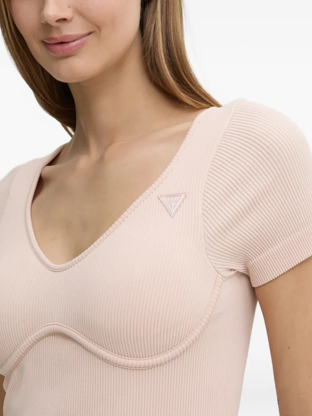 GUESS USA Geribbelde top met V-hals Roze