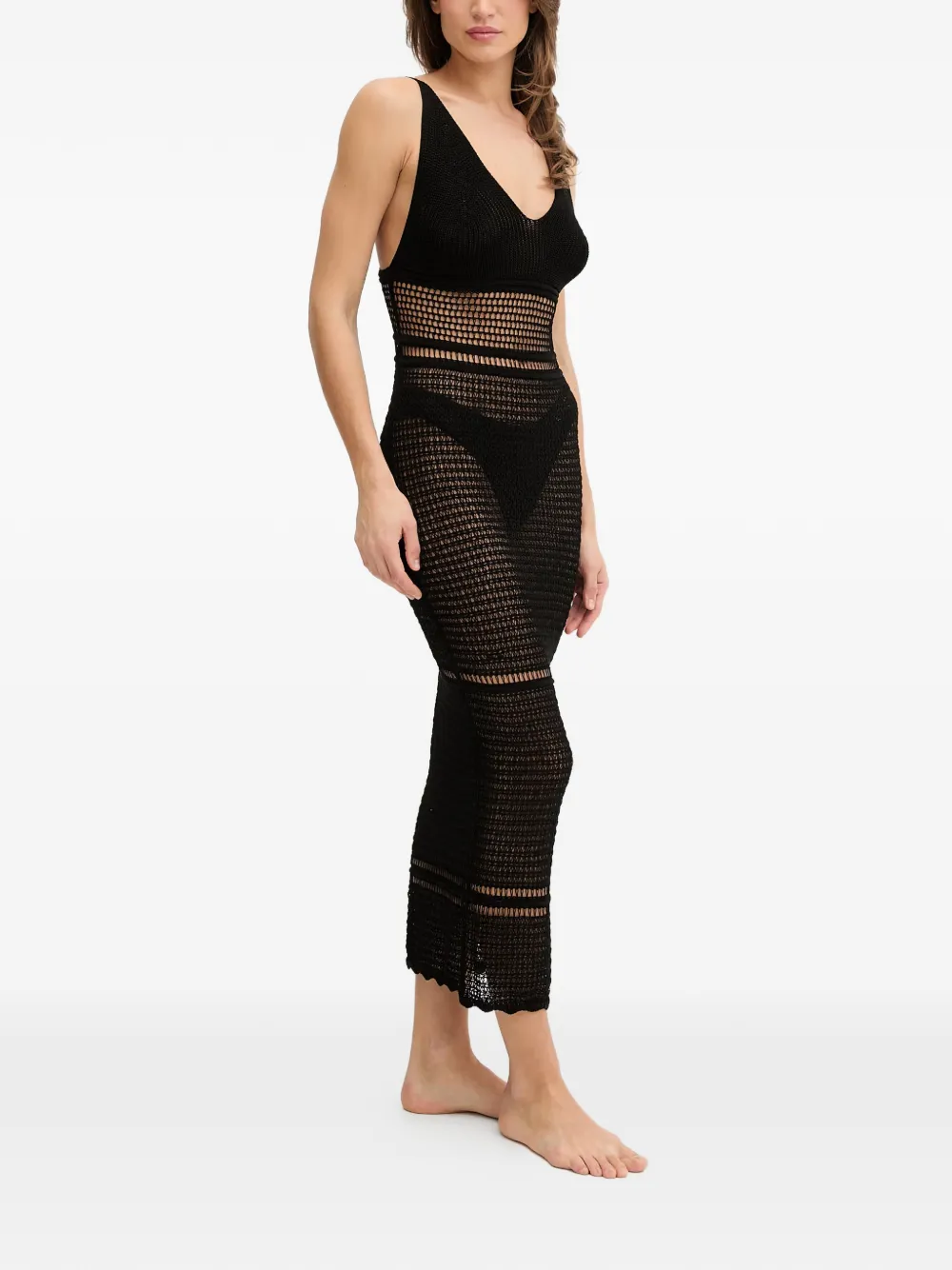GUESS USA crochet-design V-neck midi dress Zwart