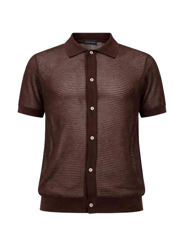 Tagliatore Ribbed Pointelle-knit Shirt in Brown