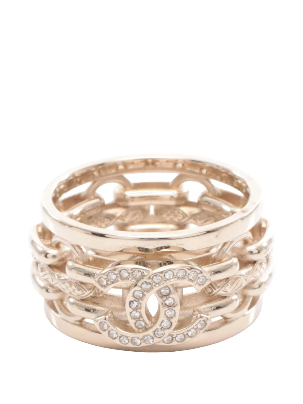 CHANEL Pre-Owned 2025 Gold Plated CC Rhinestone Interlocking Chain Ring costume ring - Oro