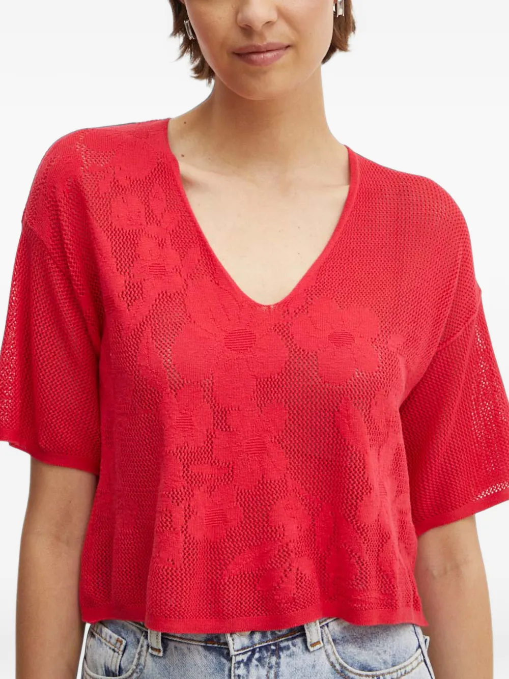 Benetton Trui met bloemen-jacquard en V-hals Rood
