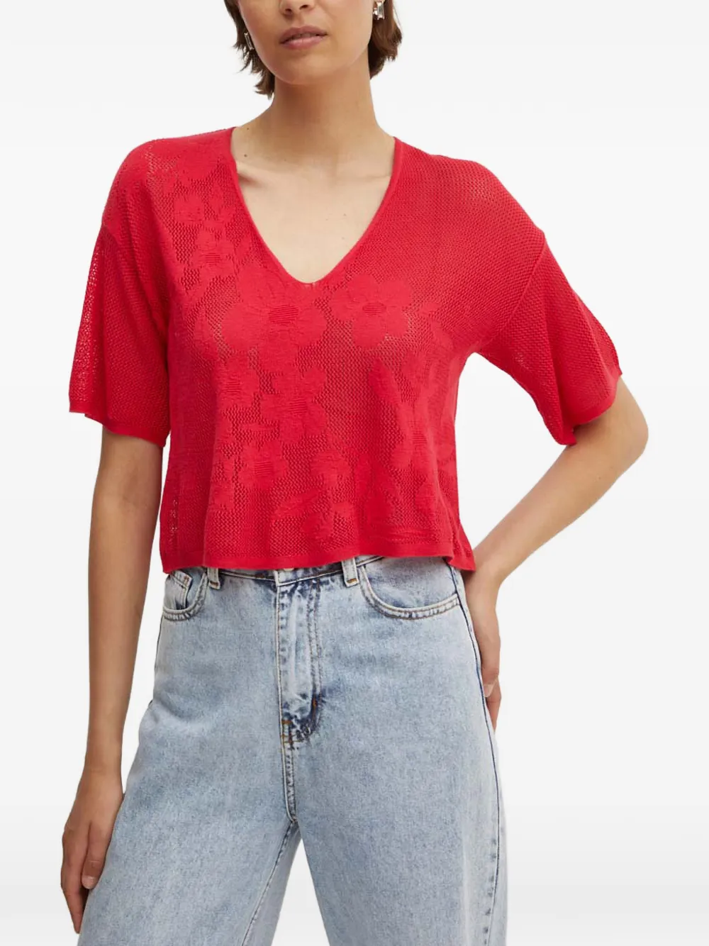 Benetton pull à col en v en jacquard floral - Rouge