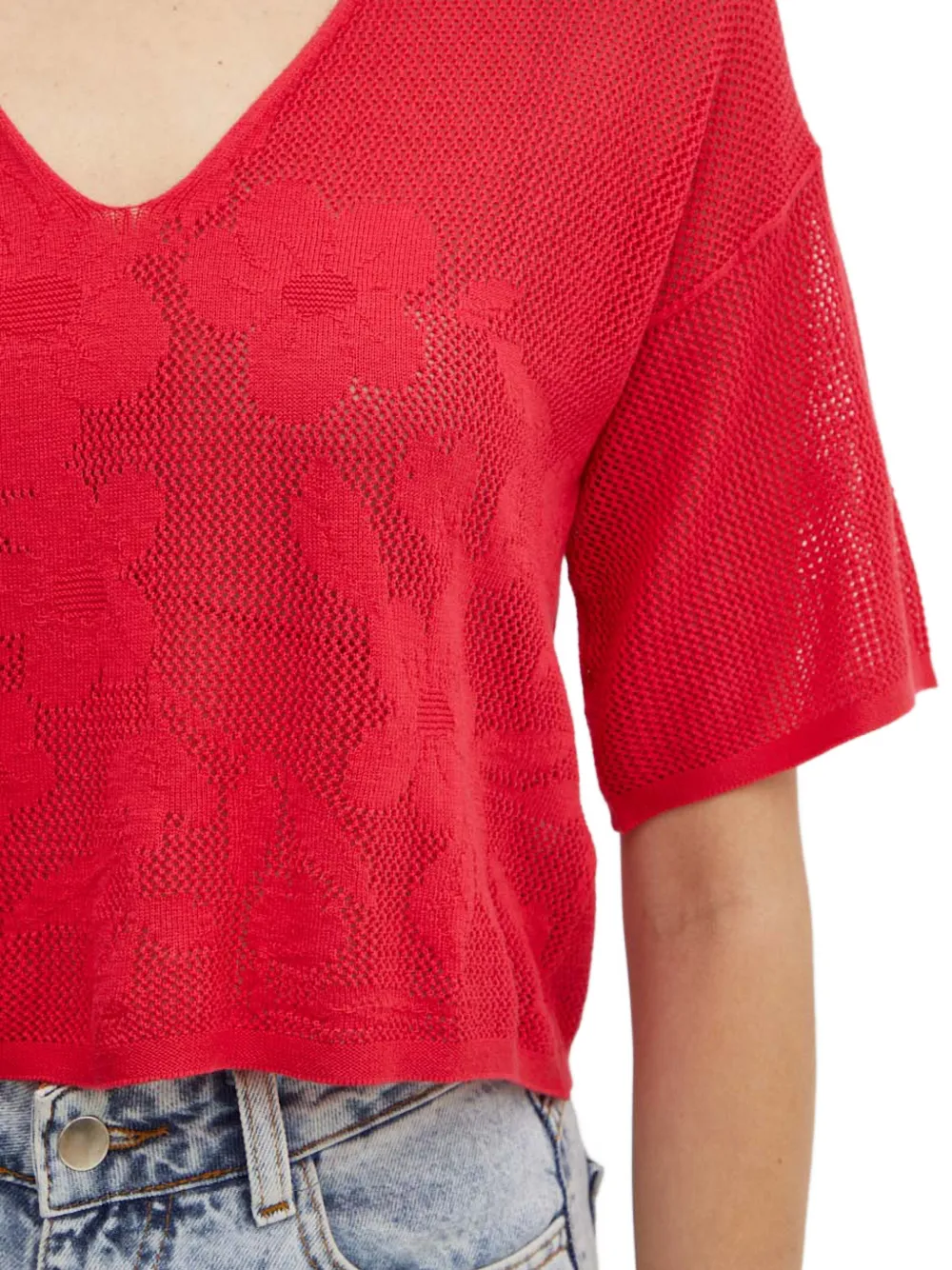 Benetton Trui met bloemen-jacquard en V-hals Rood