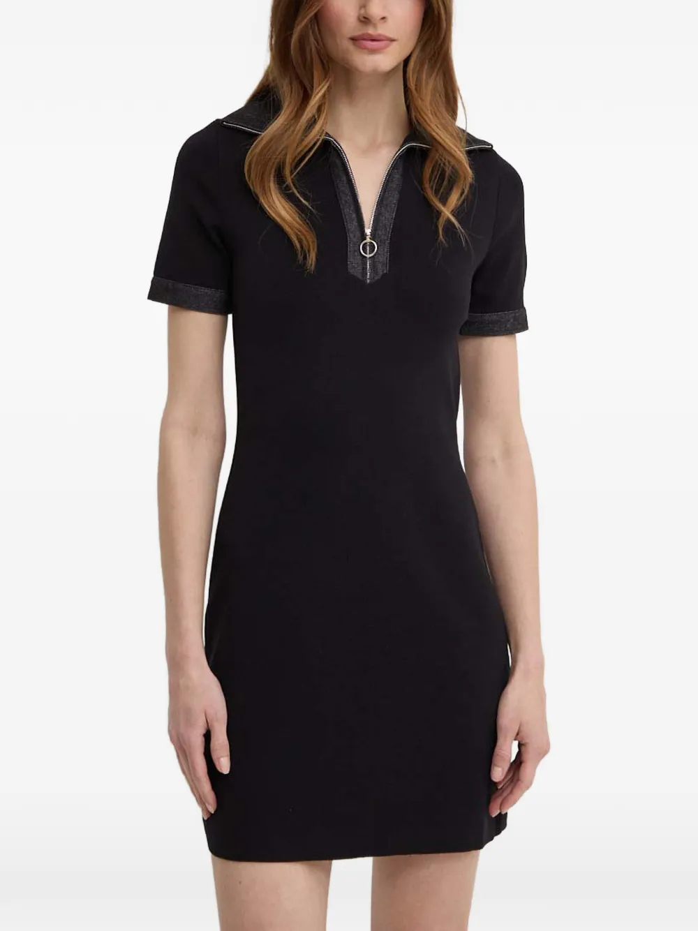 Morgan Zip-up Short-sleeve Mini Dress In Black