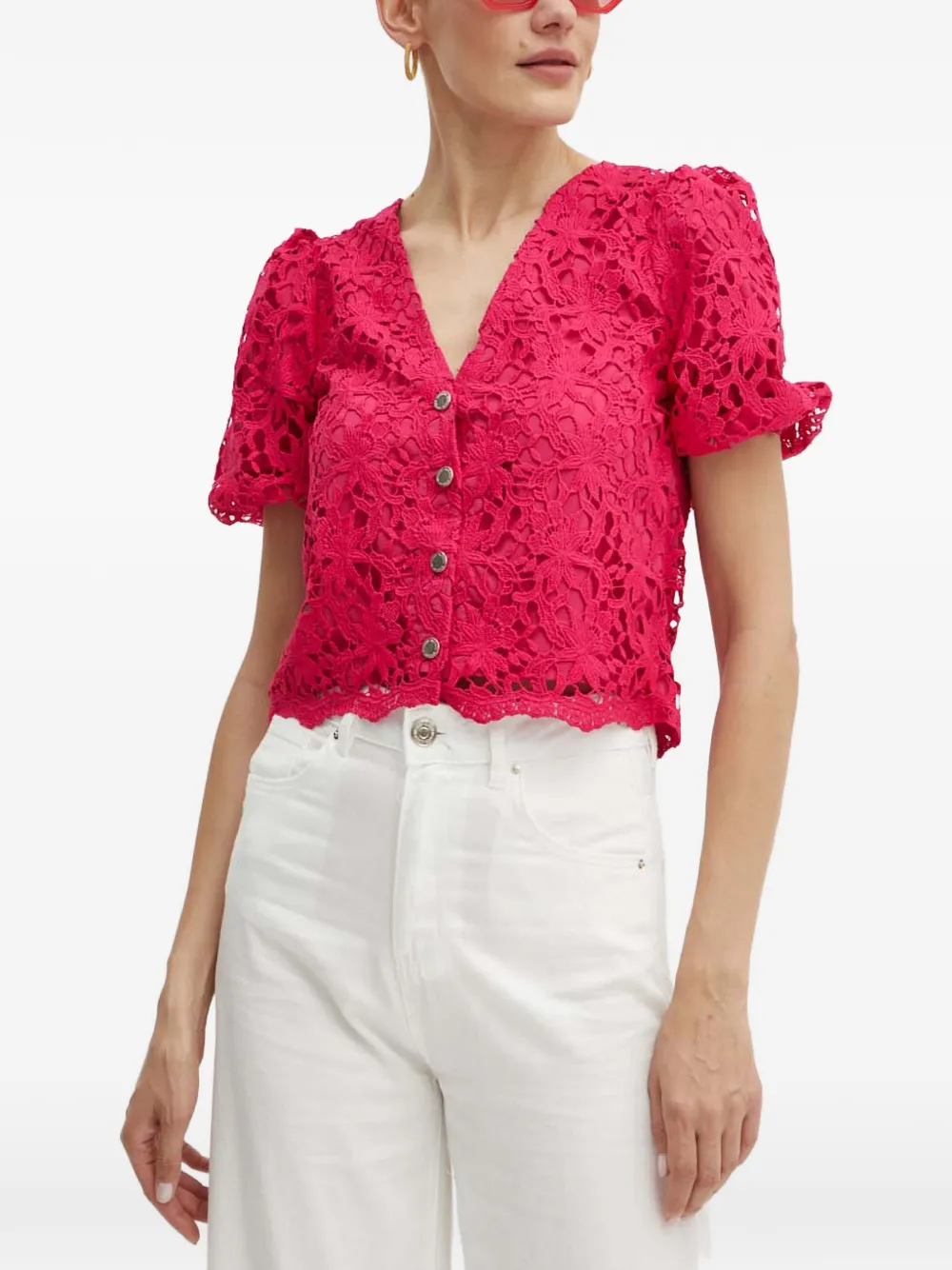 Morgan Oria Floral-lace V-neck Top In Red