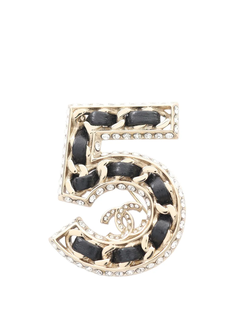 CHANEL Pre-Owned 2023 CC Gold Plated Lambskin Woven Chain Number 5 Brooch costume brooch - Nero