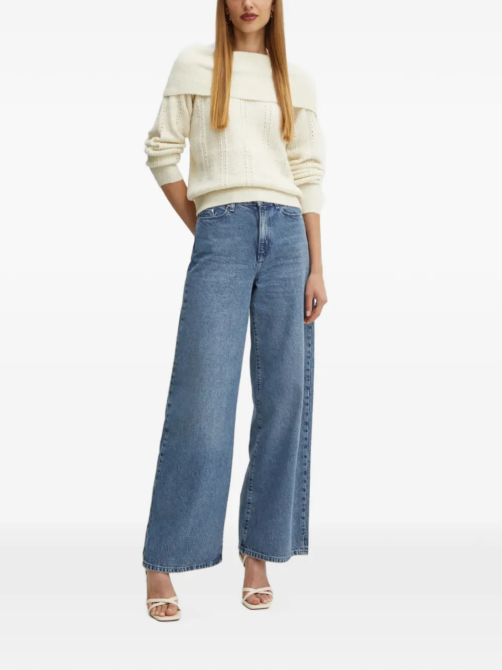 Silvian Heach Rojas pointellegebreide off-shoulder trui Beige