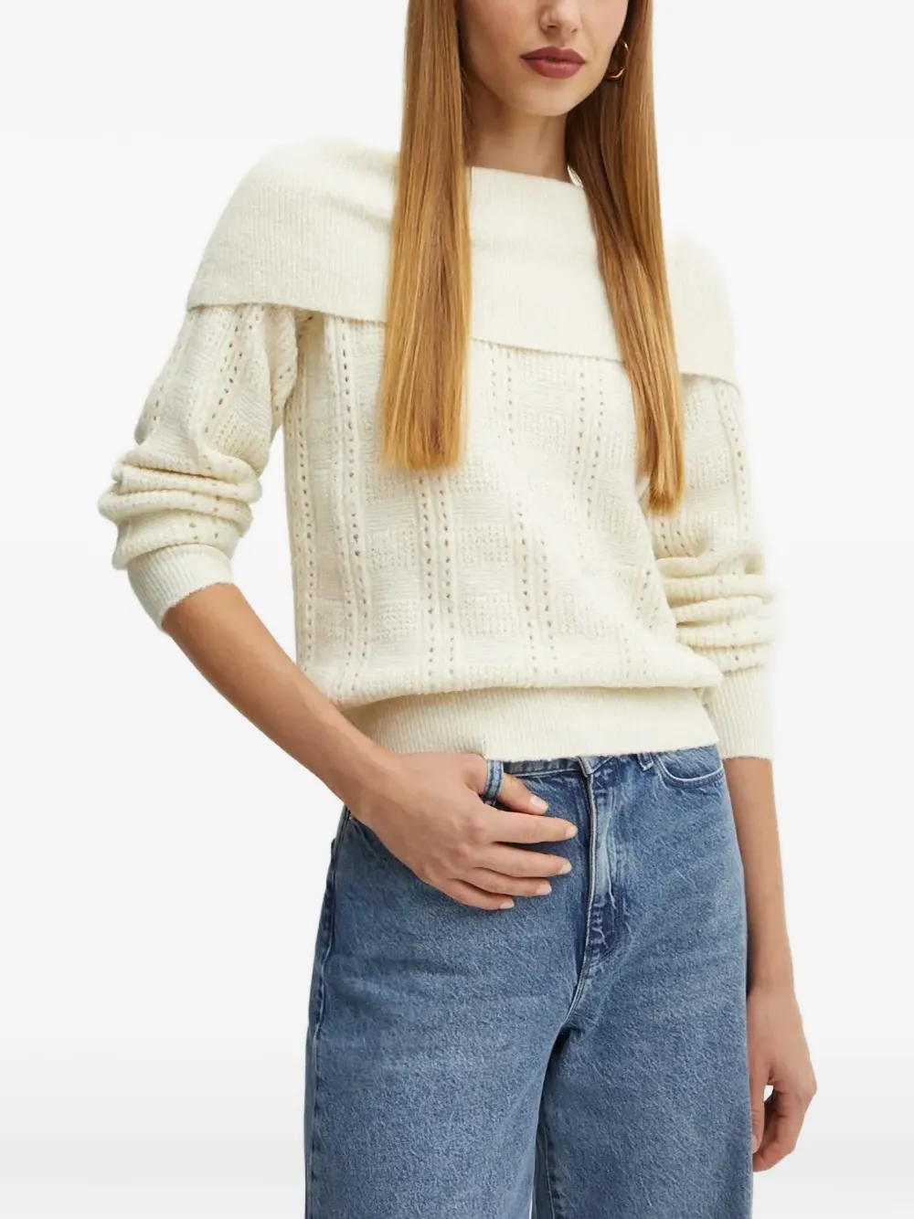 Silvian Heach Rojas pointelle-knit off-shoulder sweater · XS
