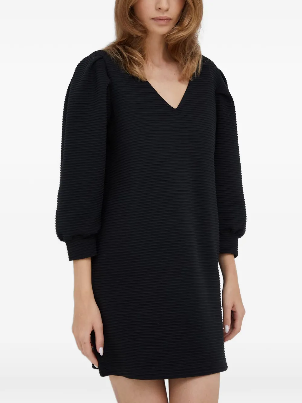 Sisley ribbed puff-sleeve mini dress - Nero