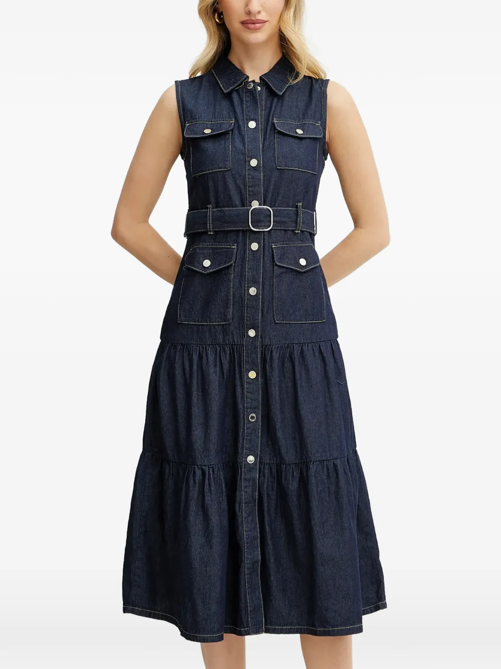 Morgan Belted-waist Tiered Dress In 블루