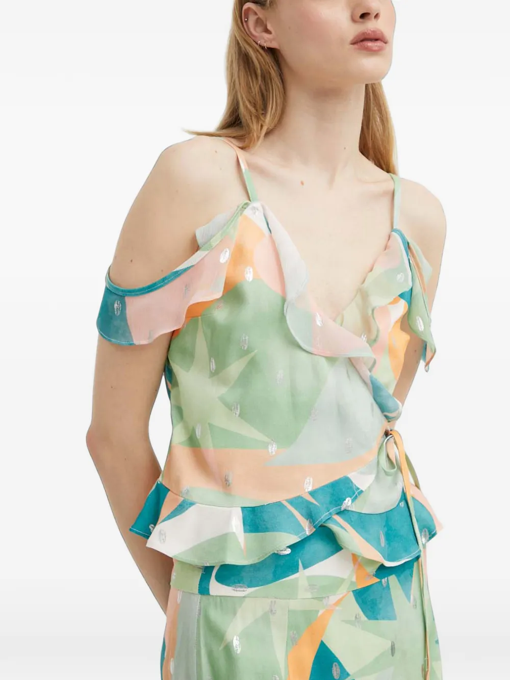 Never Fully Dressed Ruffled Printed Top In Green