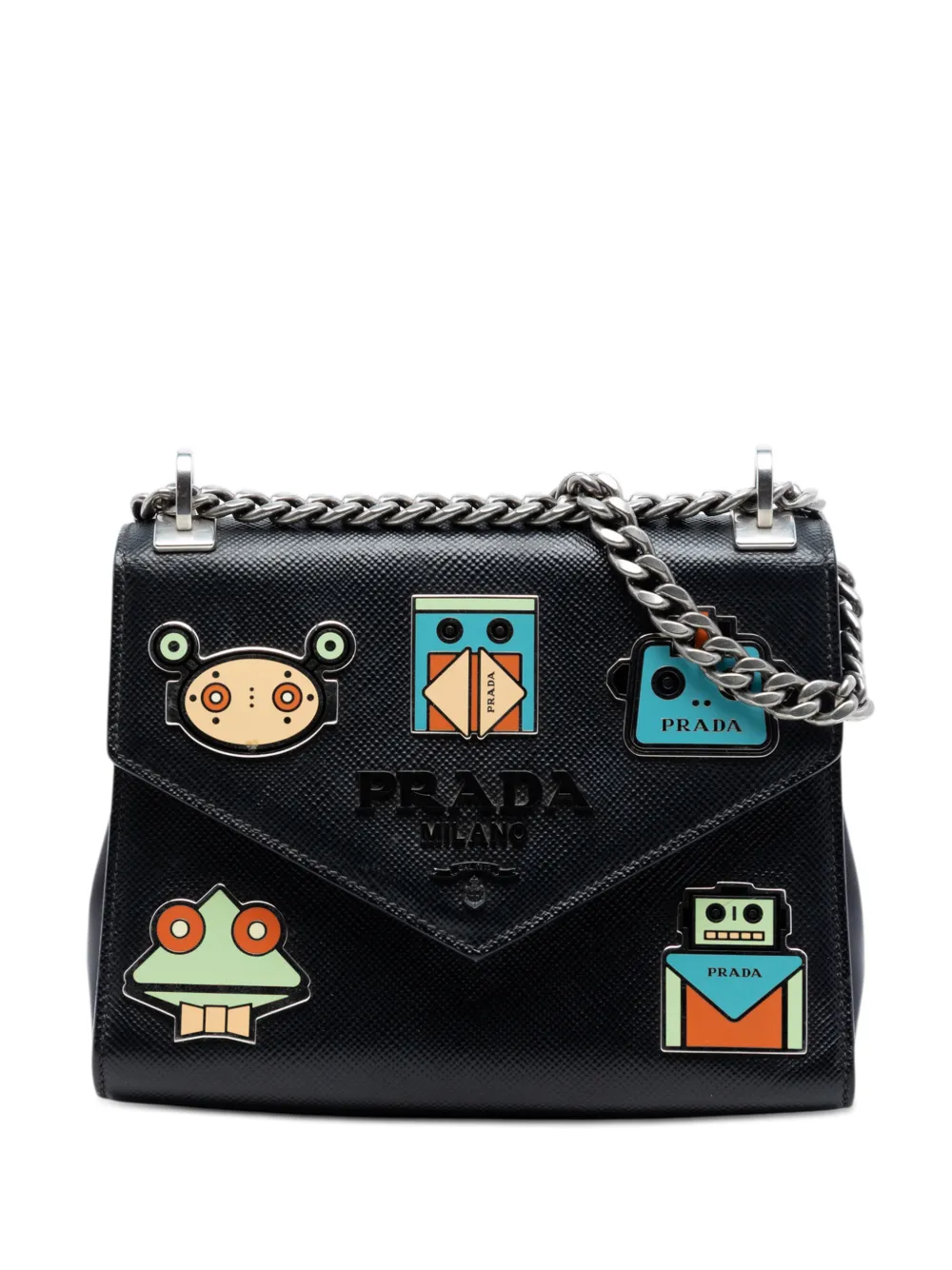 Prada Pre-Owned 2013-2025 Saffiano Cuir Monochrome Robot Patches Envelope Chain Flap crossbody bag - Nero