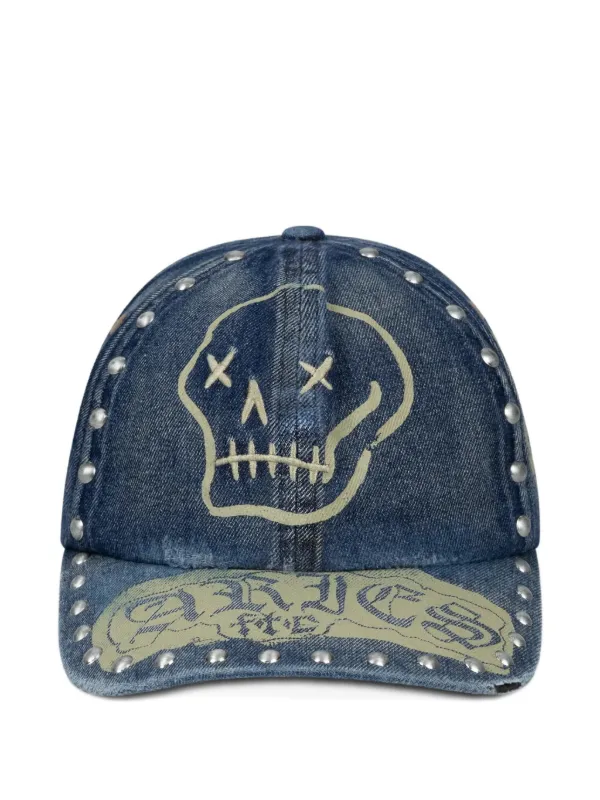 Aries skull-print Studded Denim Cap | Blue | FARFETCH