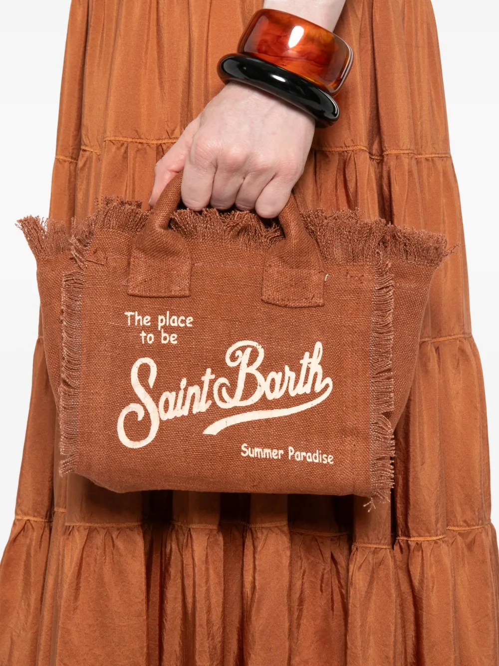 MC2 Saint Barth Vanity linnen mini-schoudertas met franje Bruin