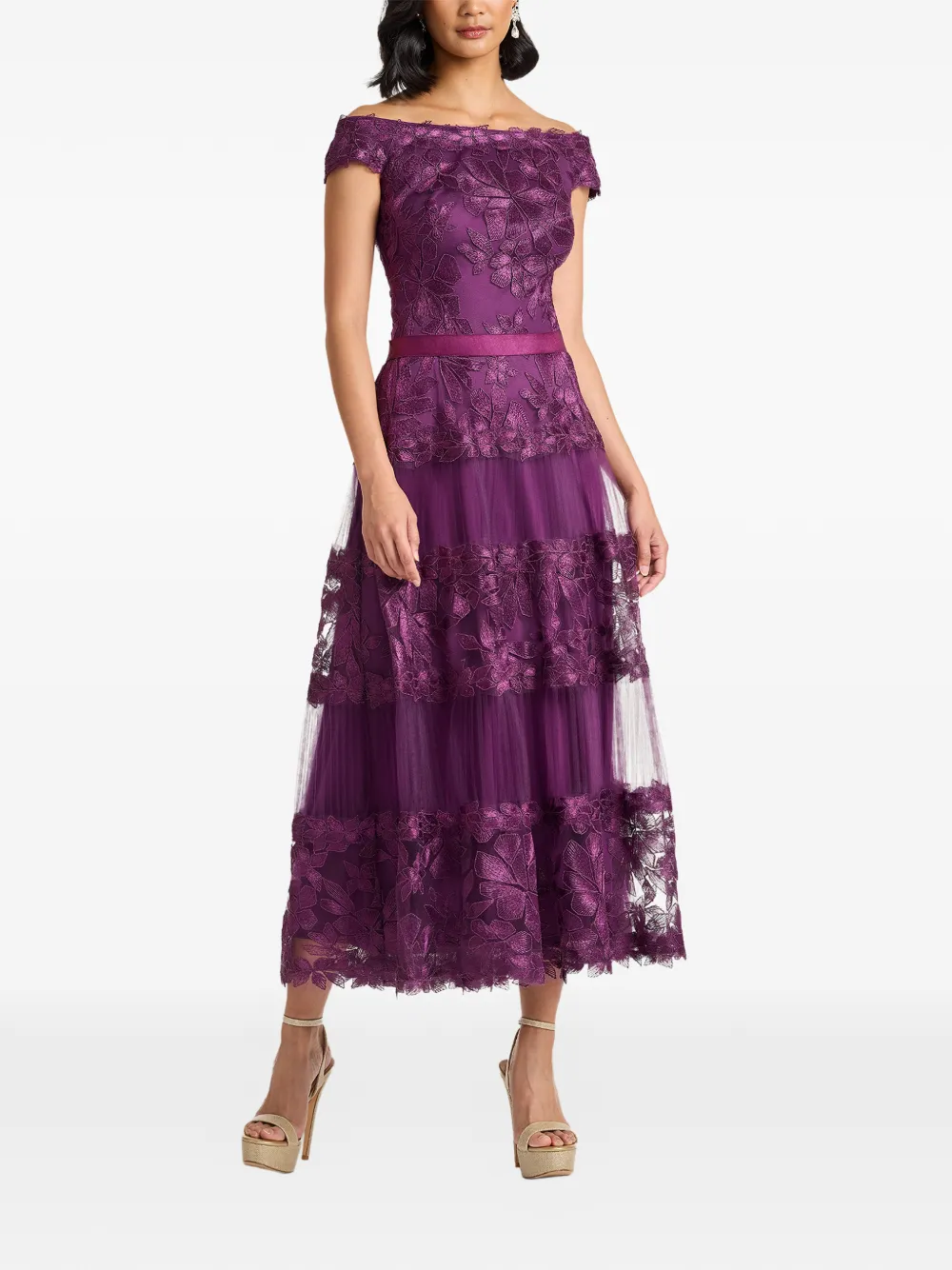 Tadashi Shoji Adriane midi-jurk met geborduurde bloemen Paars