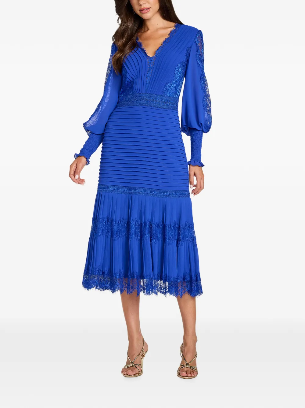 Tadashi Shoji Nysse midi-jurk met plooien en kanten vlakken Blauw