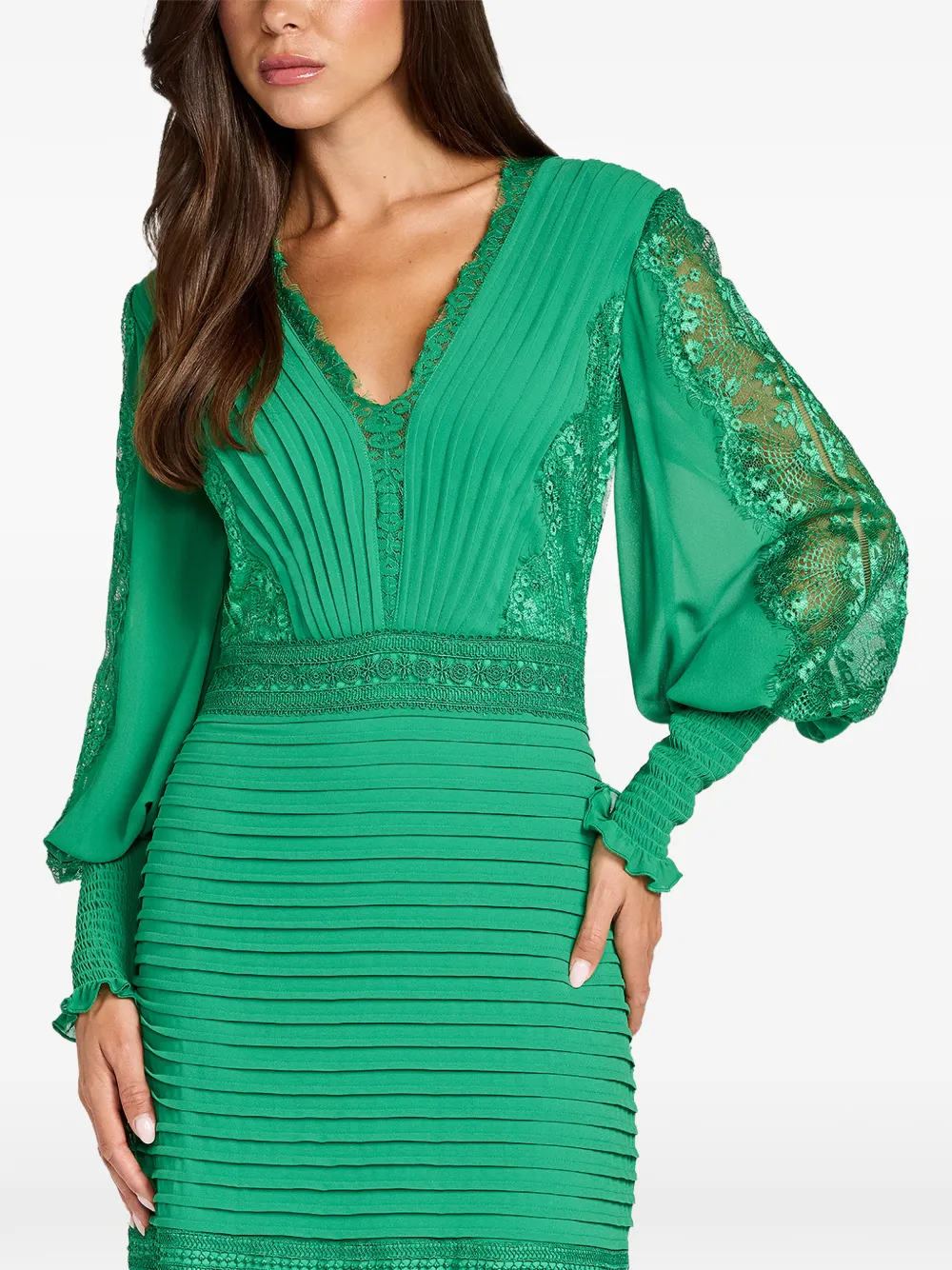 Tadashi Shoji Nyssa Bishop maxi-jurk met kanten vlakken en plooien Groen