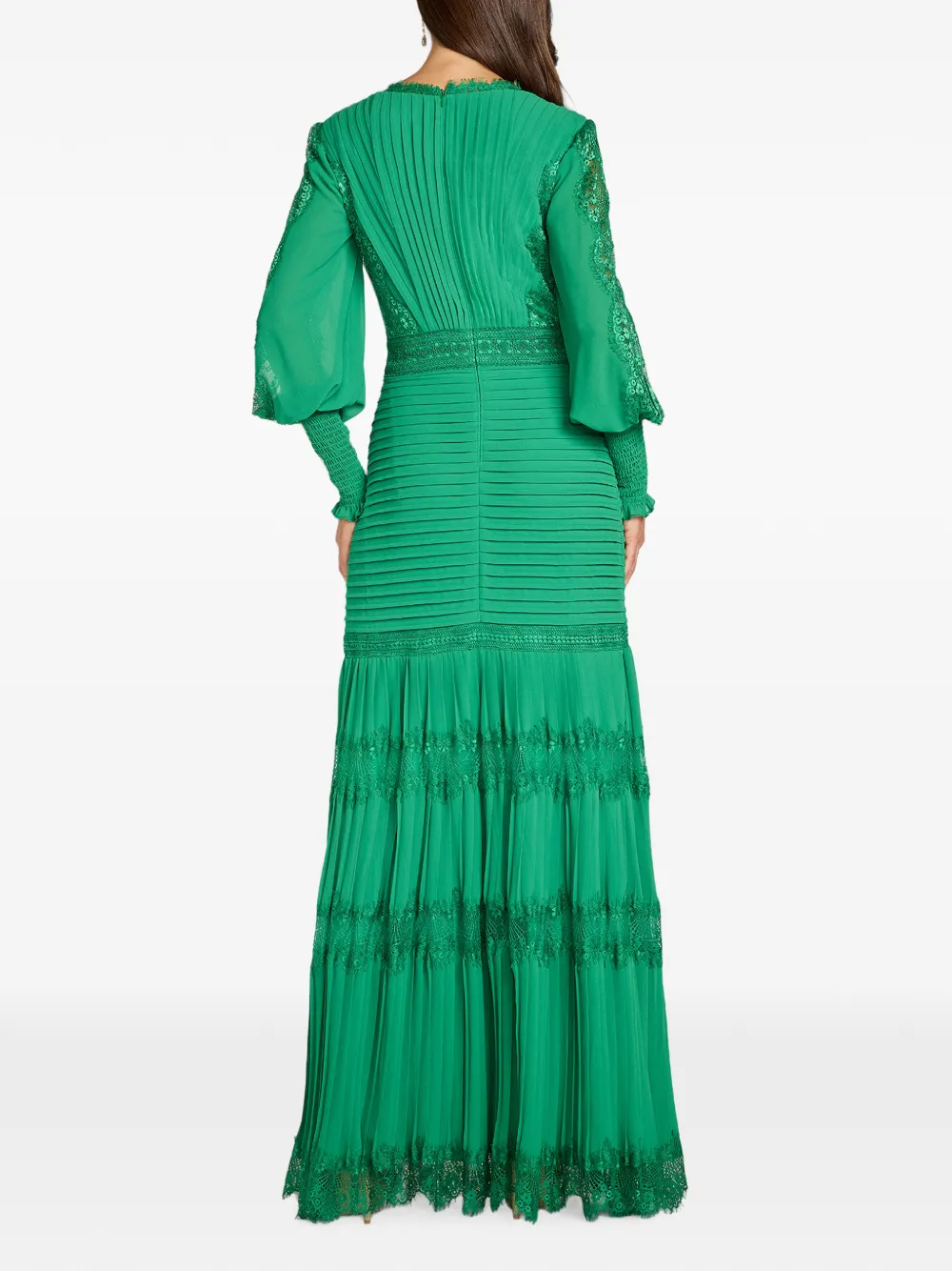 Tadashi Shoji Nyssa Bishop maxi-jurk met kanten vlakken en plooien Groen
