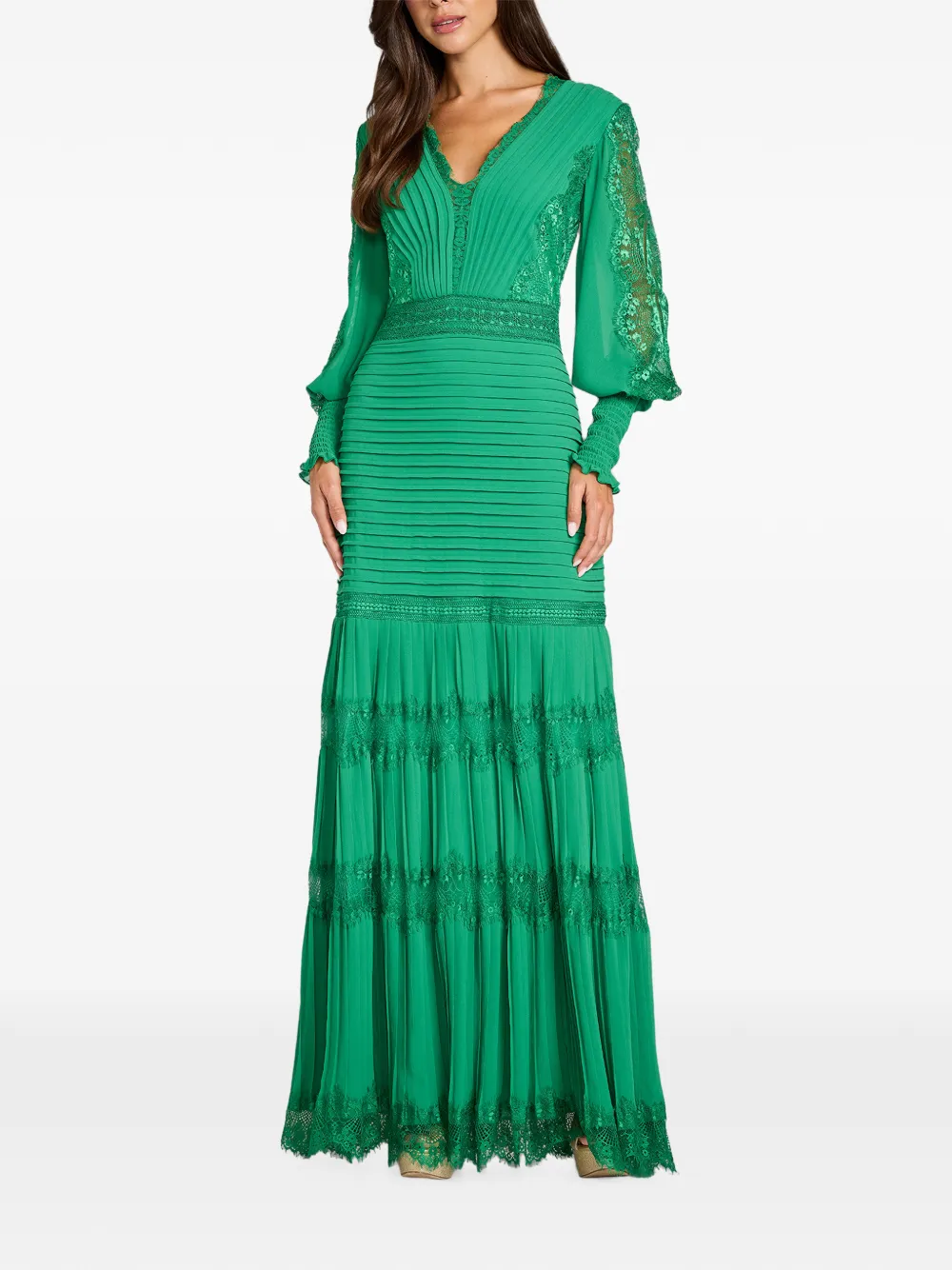 Tadashi Shoji Nyssa Bishop maxi-jurk met kanten vlakken en plooien Groen