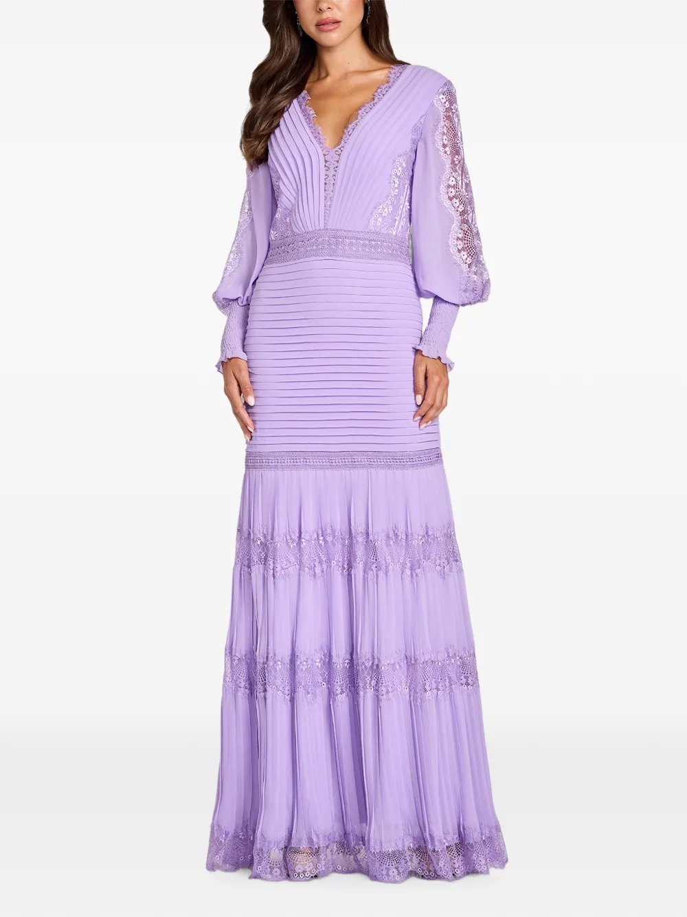 Tadashi Shoji Nyssa Bishop maxi-jurk met kanten afwerking en plooien Paars