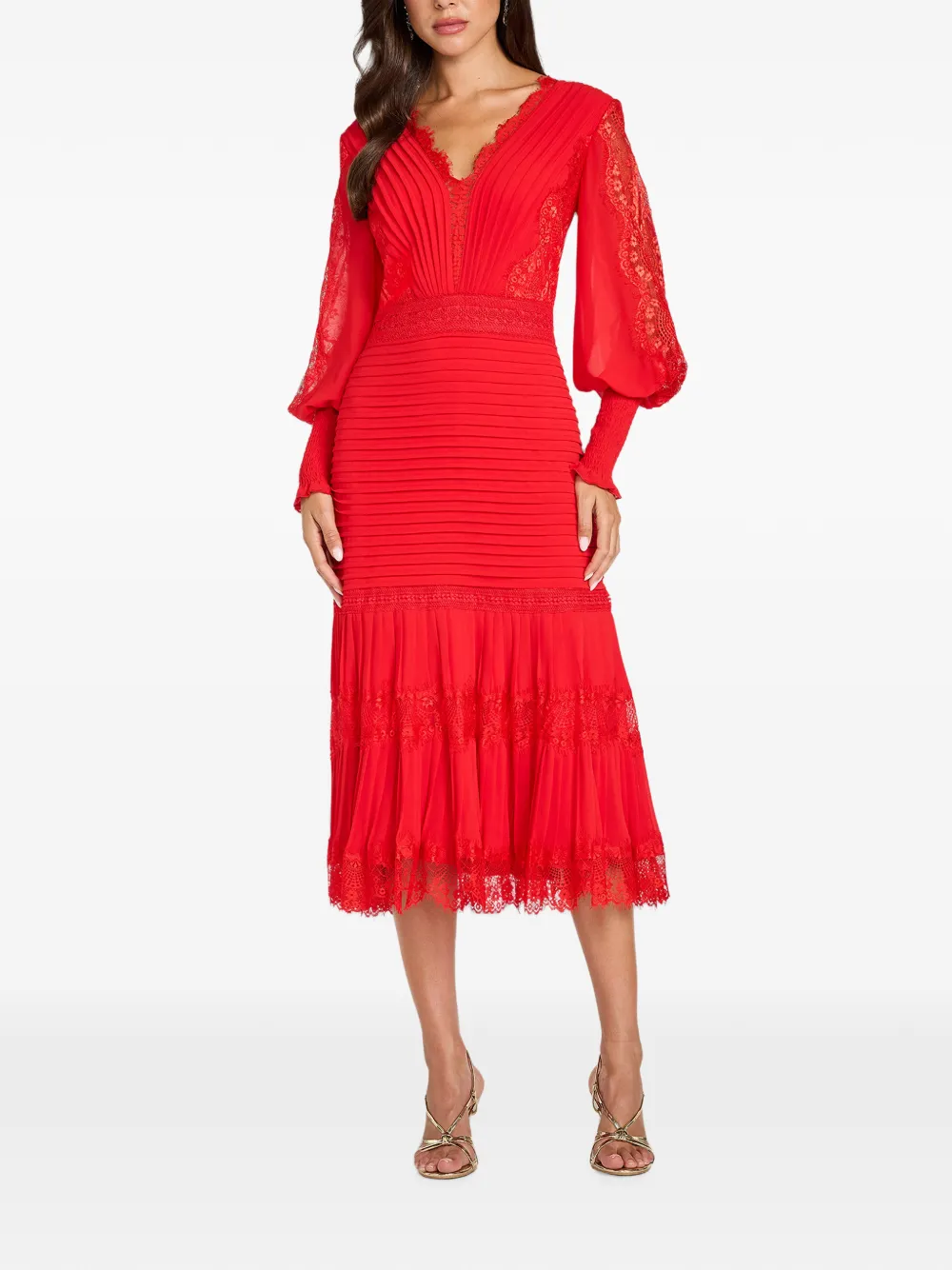 Tadashi Shoji Nyssa Bishop maxi-jurk met kanten vlakken en plooien Rood