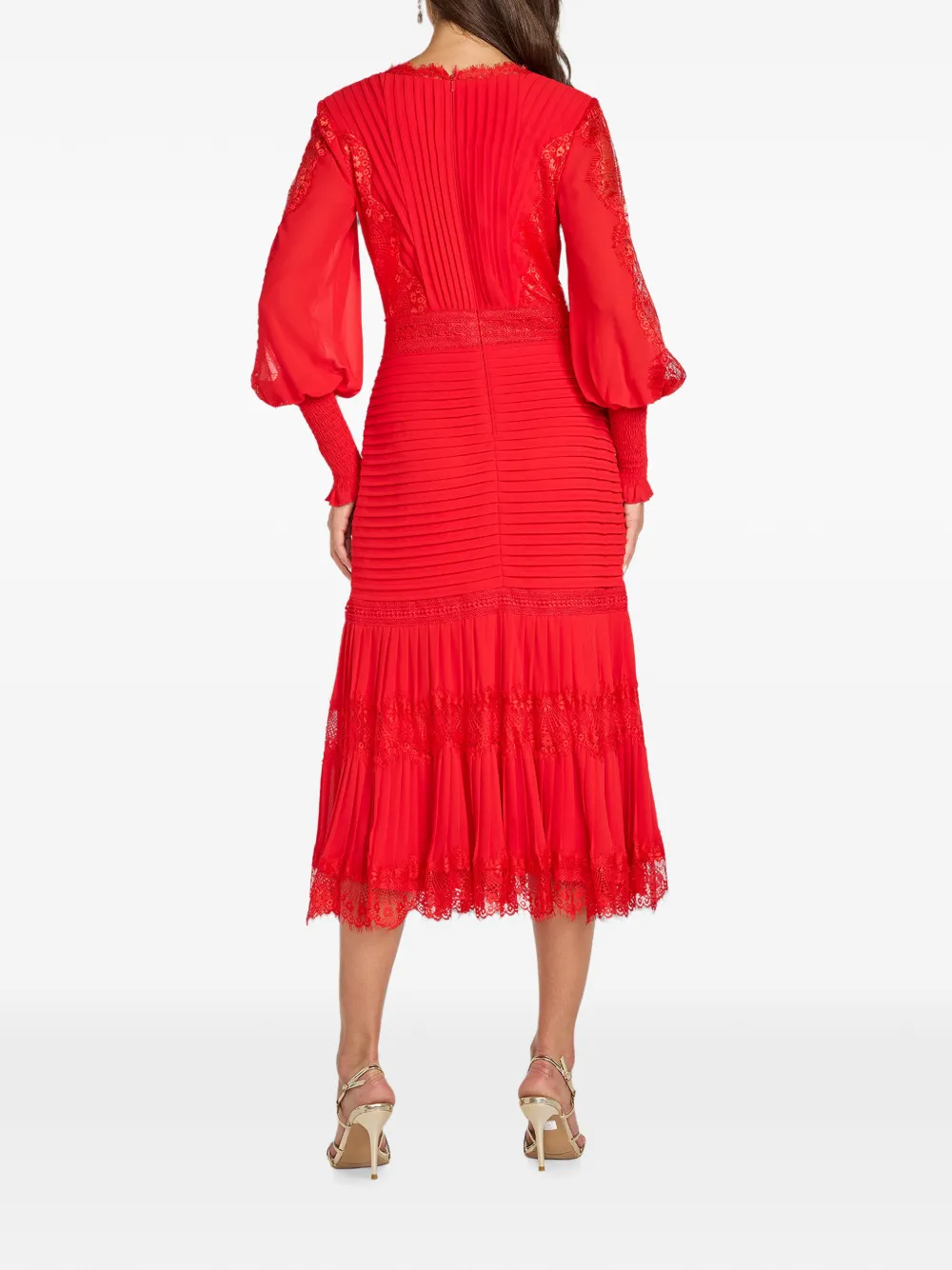 Tadashi Shoji Nyssa Bishop maxi-jurk met kanten vlakken en plooien Rood