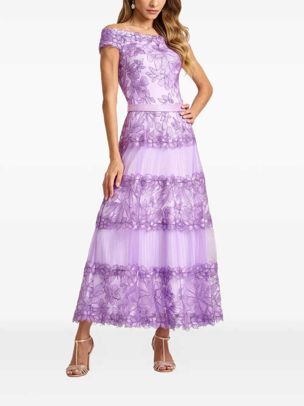Tadashi Shoji Off-shoulder midi-jurk met bloemenprint Paars