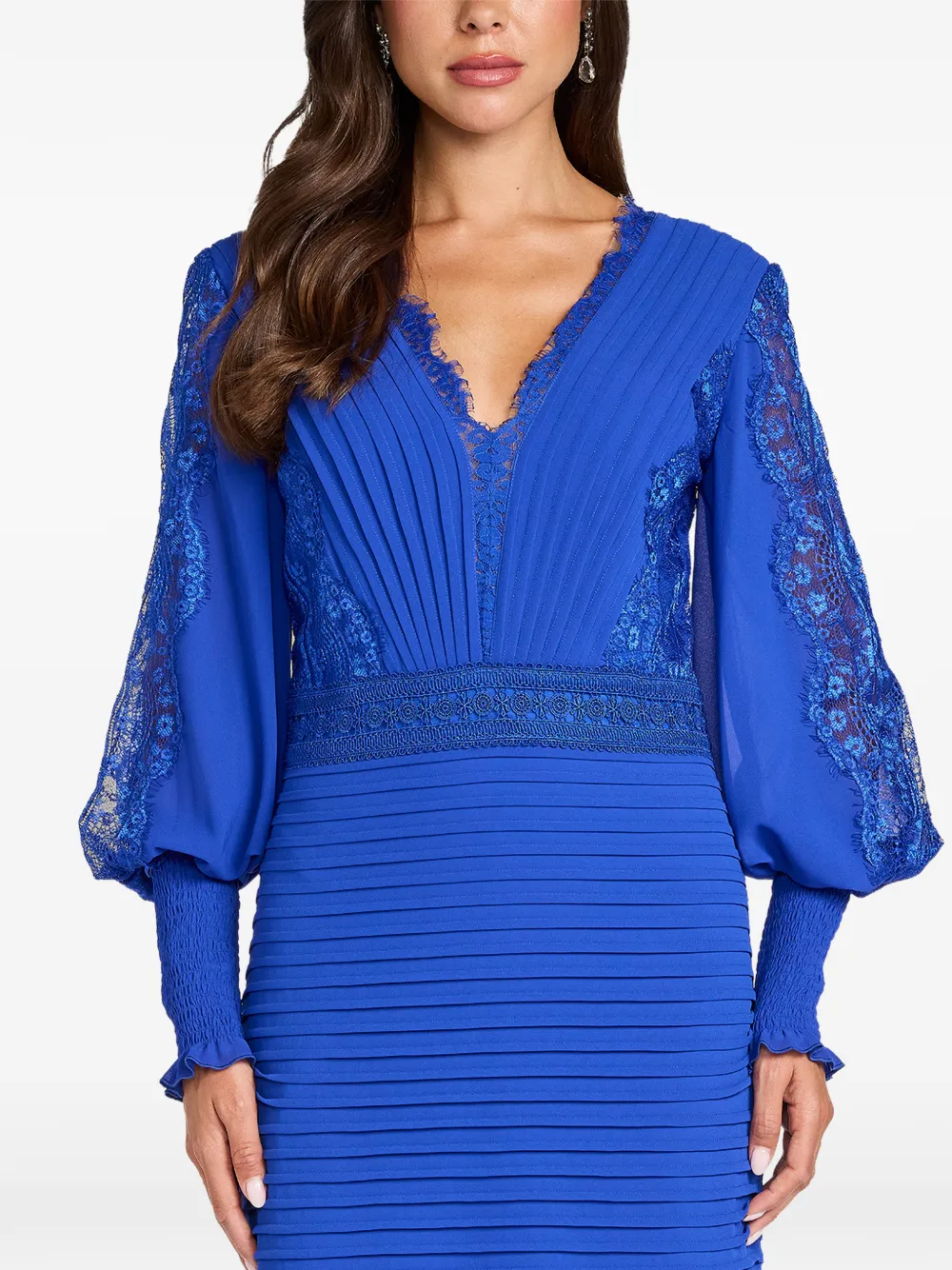 Tadashi Shoji Nyssa Bishop maxi-jurk met kanten vlakken en plooien Blauw