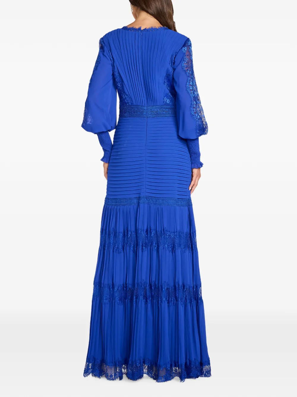 Tadashi Shoji Nyssa Bishop maxi-jurk met kanten vlakken en plooien Blauw