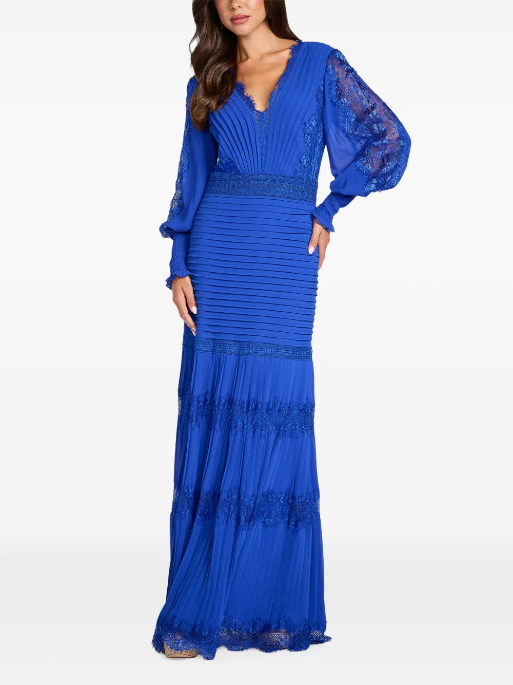 Tadashi Shoji Nyssa Bishop maxi-jurk met kanten vlakken en plooien Blauw