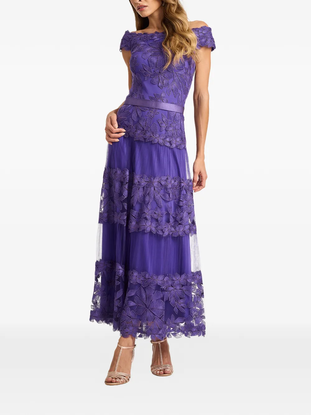 Tadashi Shoji Off-shoulder midi-jurk met bloemenprint Paars