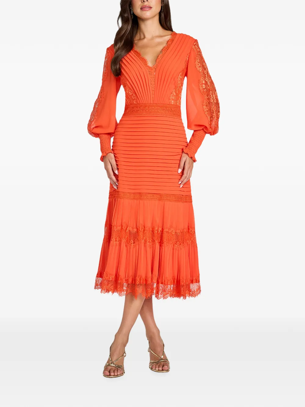 Tadashi Shoji Nyssa Bishop maxi-jurk met kanten afwerking en plooien Oranje