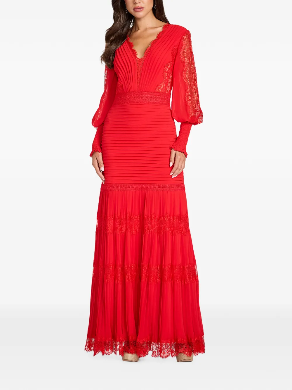 Tadashi Shoji Nyssa maxi-jurk met kanten vlakken en plooien Rood