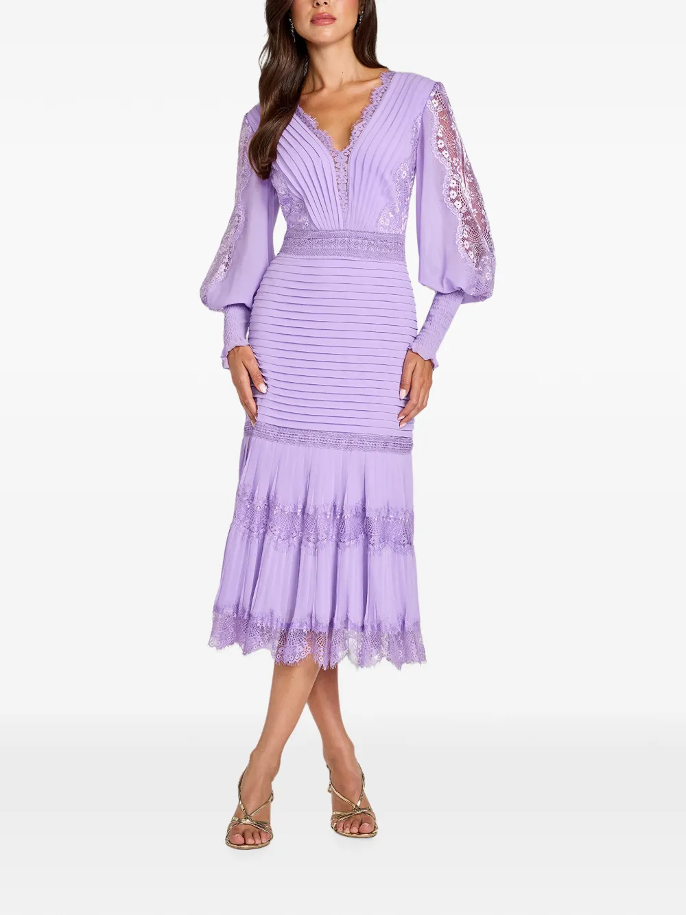 Tadashi Shoji Nyssa midi-jurk met kanten afwerking en plooien Paars