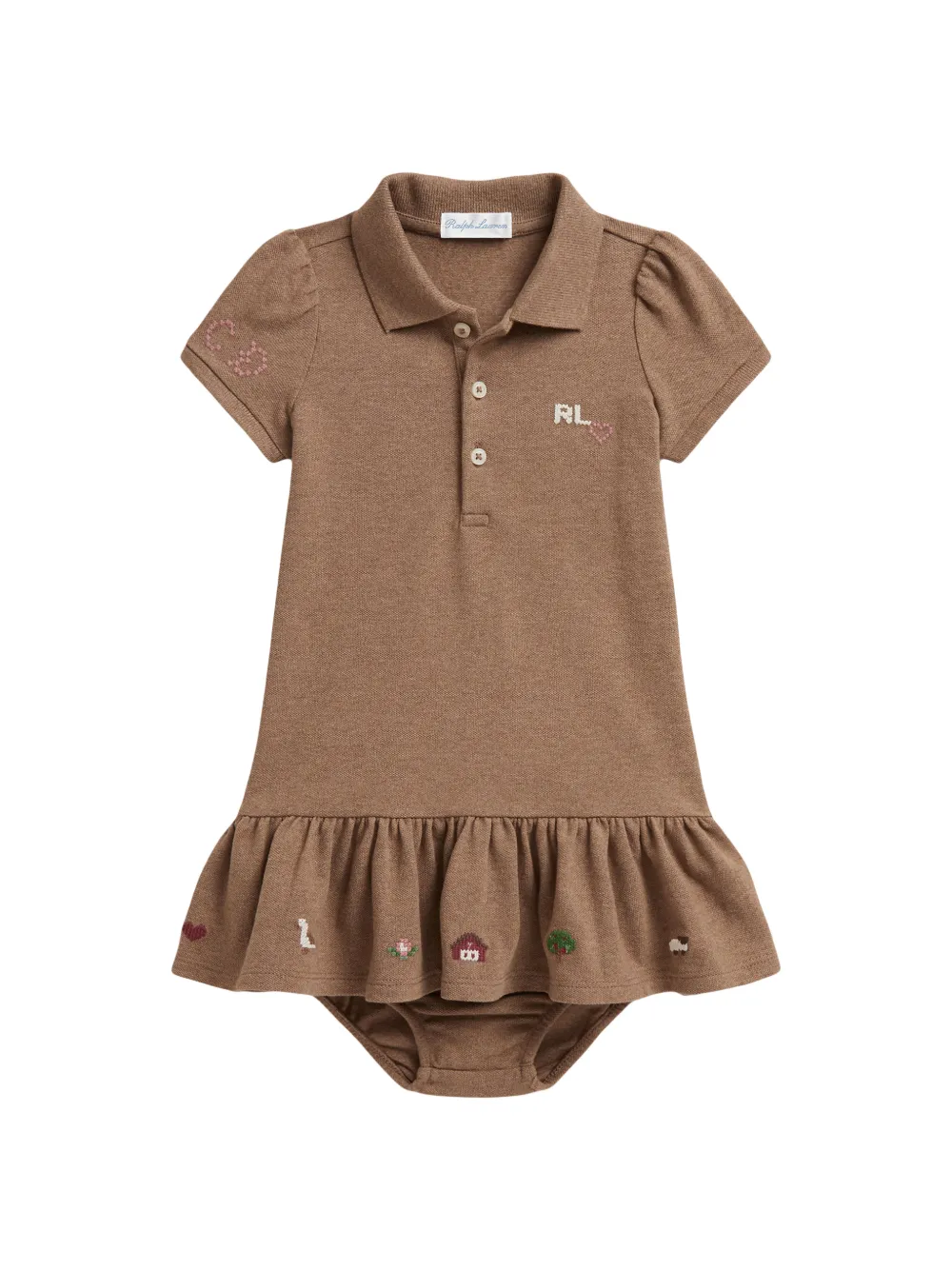 POLO RALPH LAUREN KIDS Jurk met ruches en borduurwerk Bruin