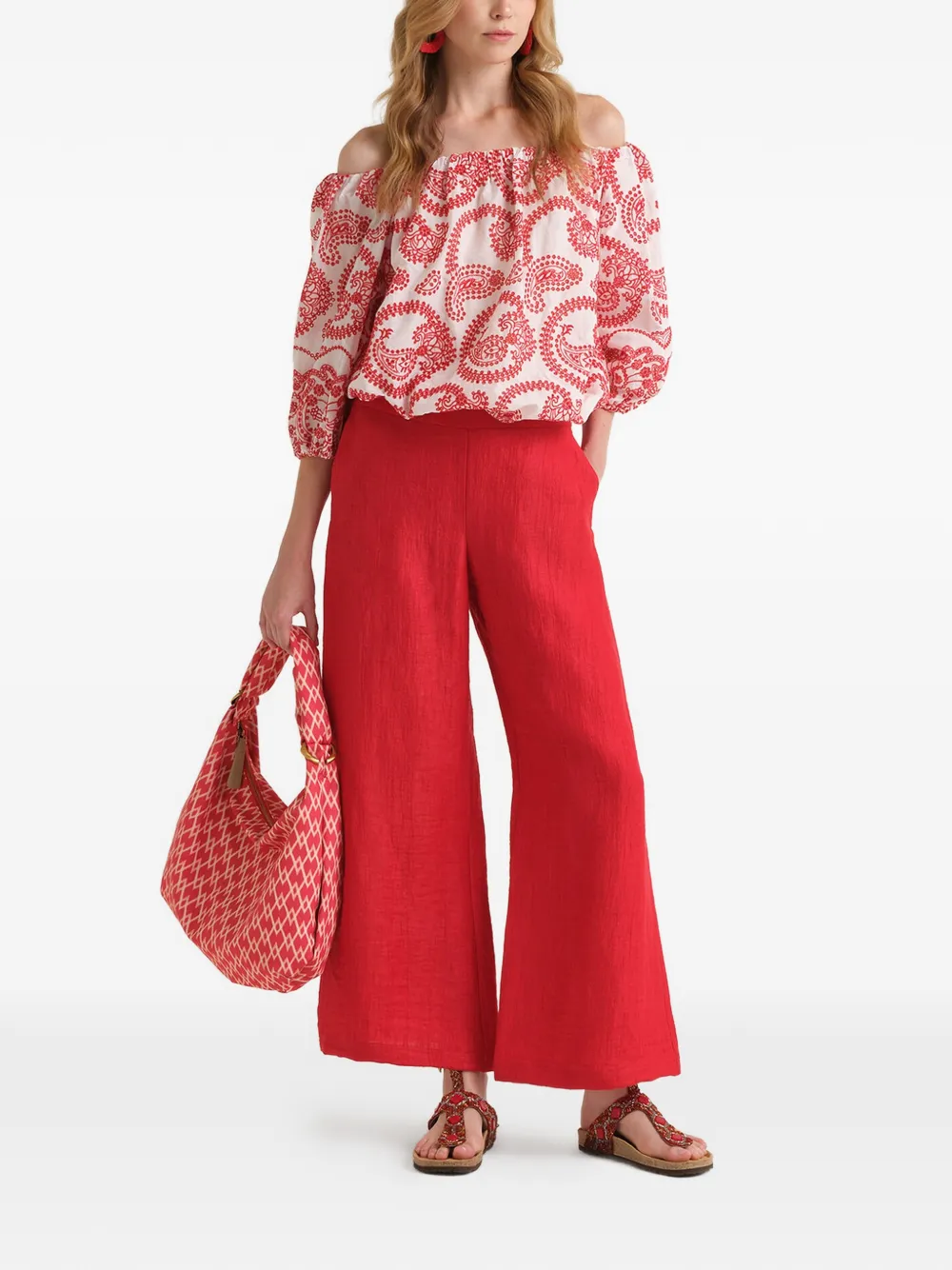 MALIPARMI Linnen broek met jacquard Rood