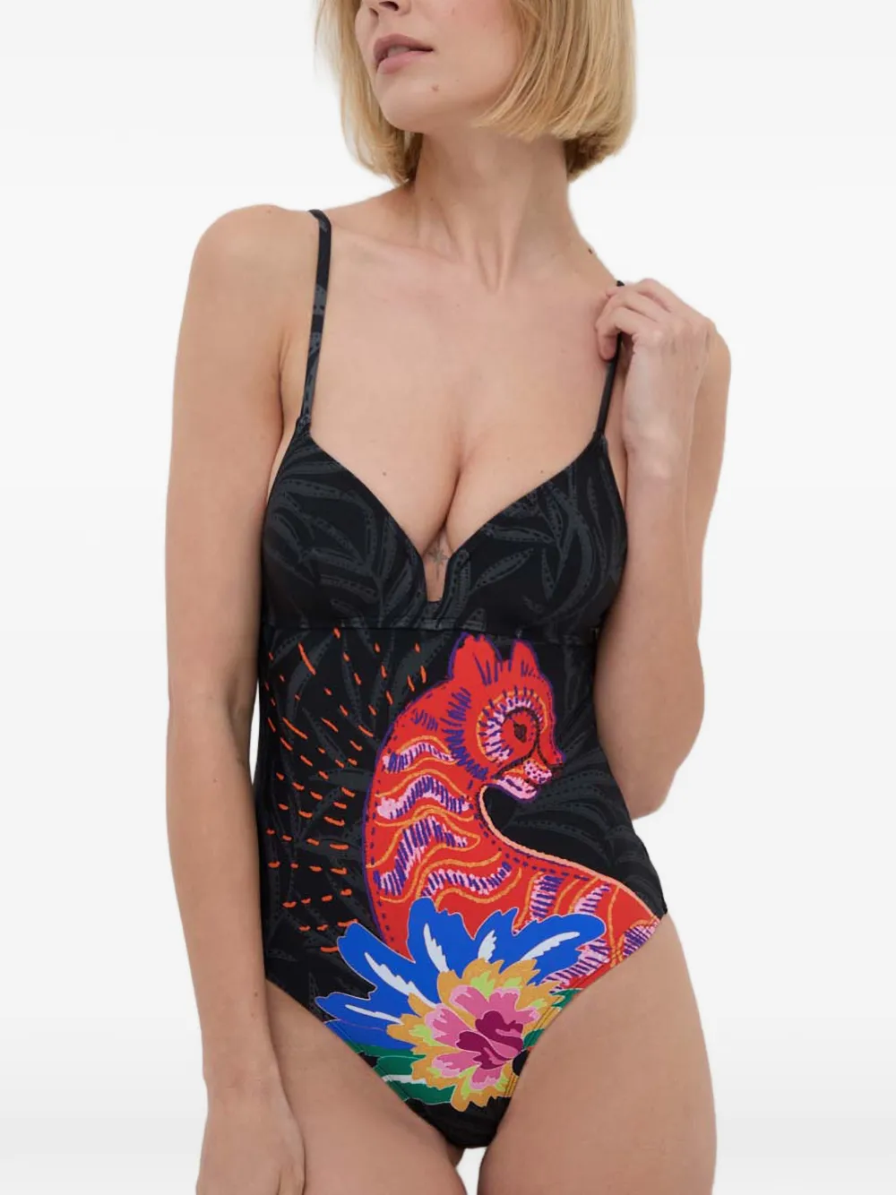 Desigual Strappy Cat badpak met V-hals en grafische print Zwart