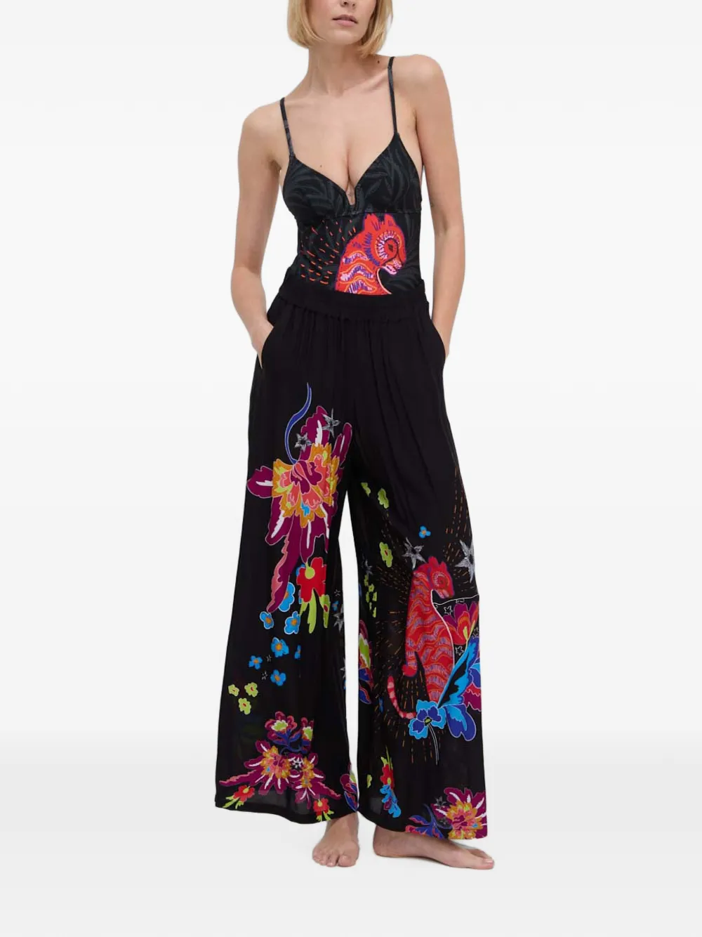 Desigual Strappy Cat badpak met V-hals en grafische print Zwart