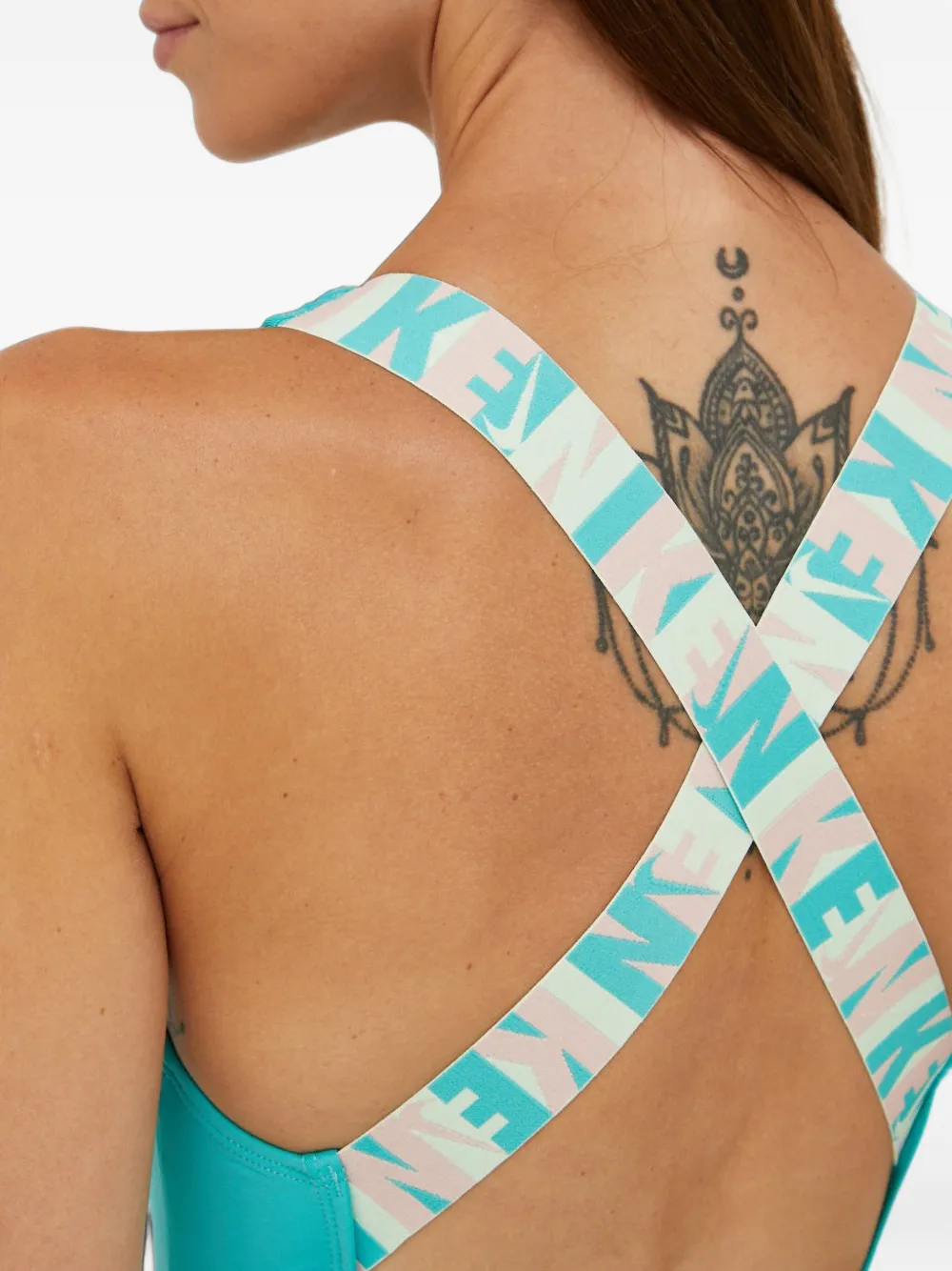 Nike logo-print crossover swimsuit Blauw
