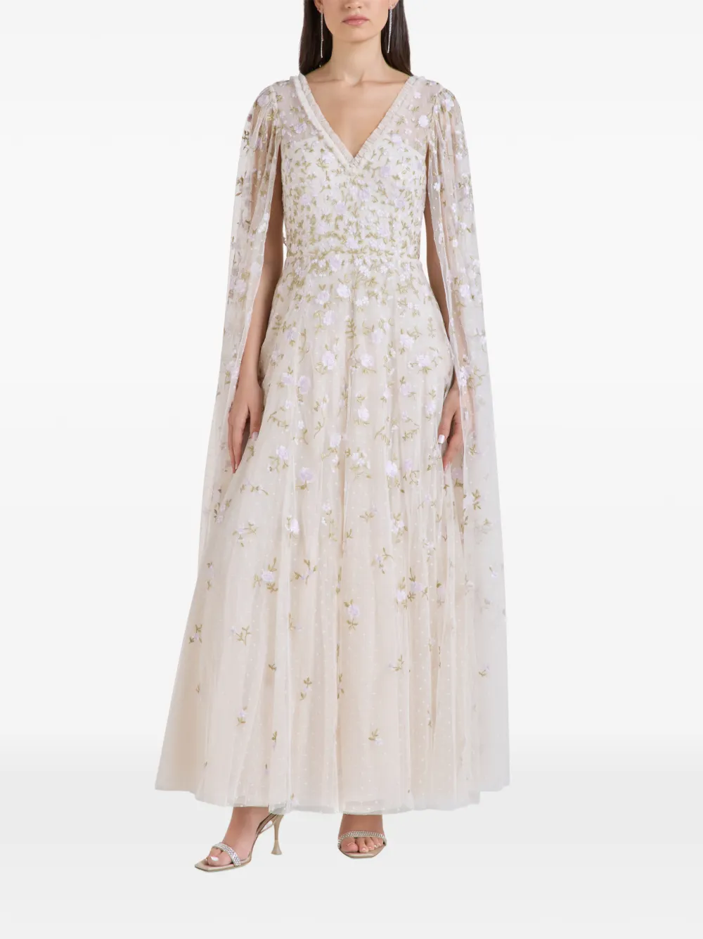 Needle & Thread Lea Ditsy Floral-embroidered Cape-sleeve Maxi Dress In Neutrals