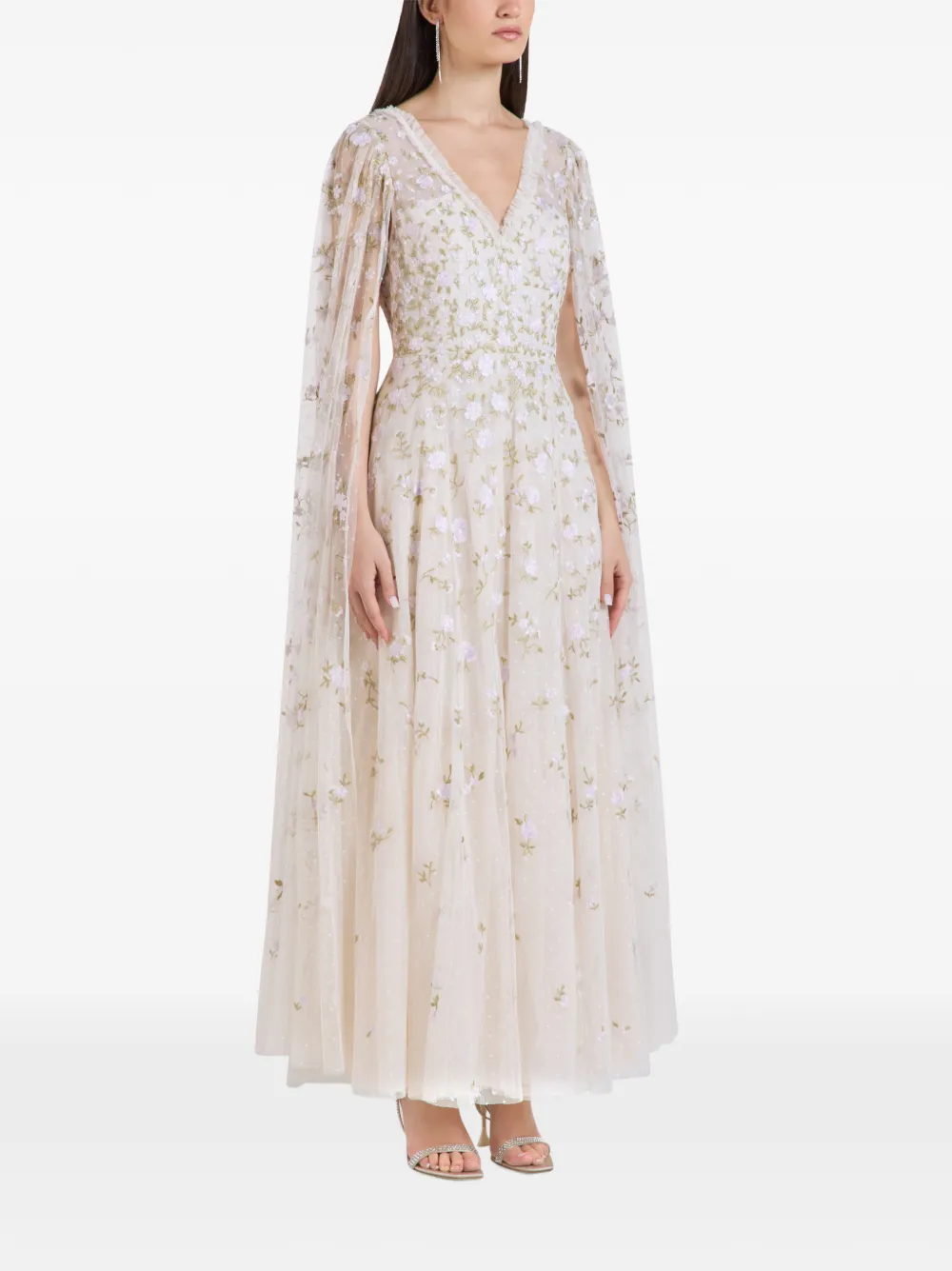 Needle & Thread Lea Ditsy jurk met capemouwen en geborduurde bloemen Beige