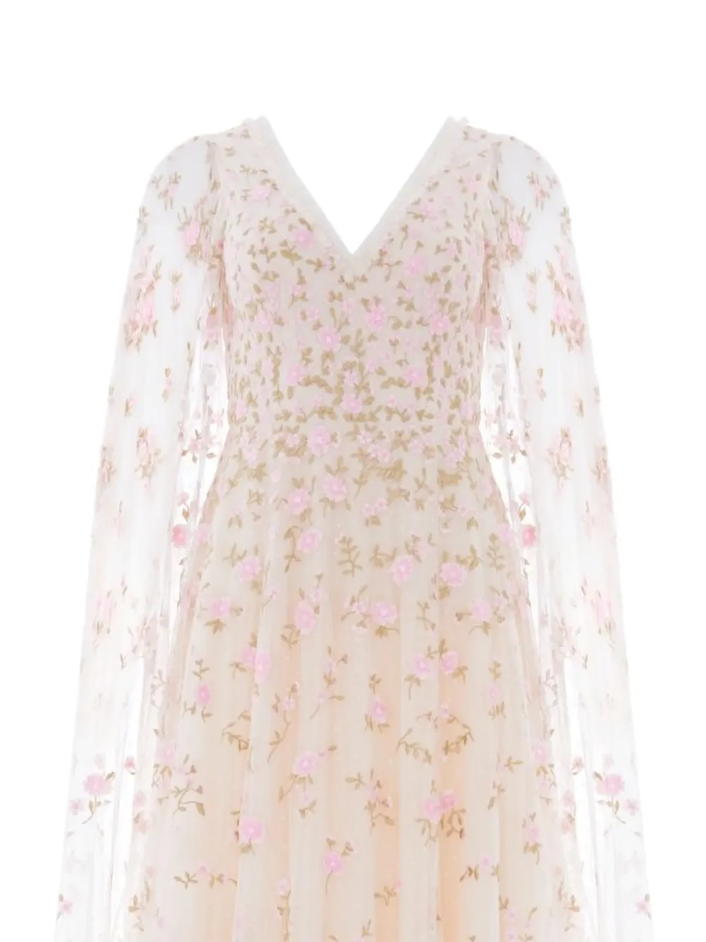 Needle & Thread Lea Ditsy jurk met capemouwen en geborduurde bloemen Beige