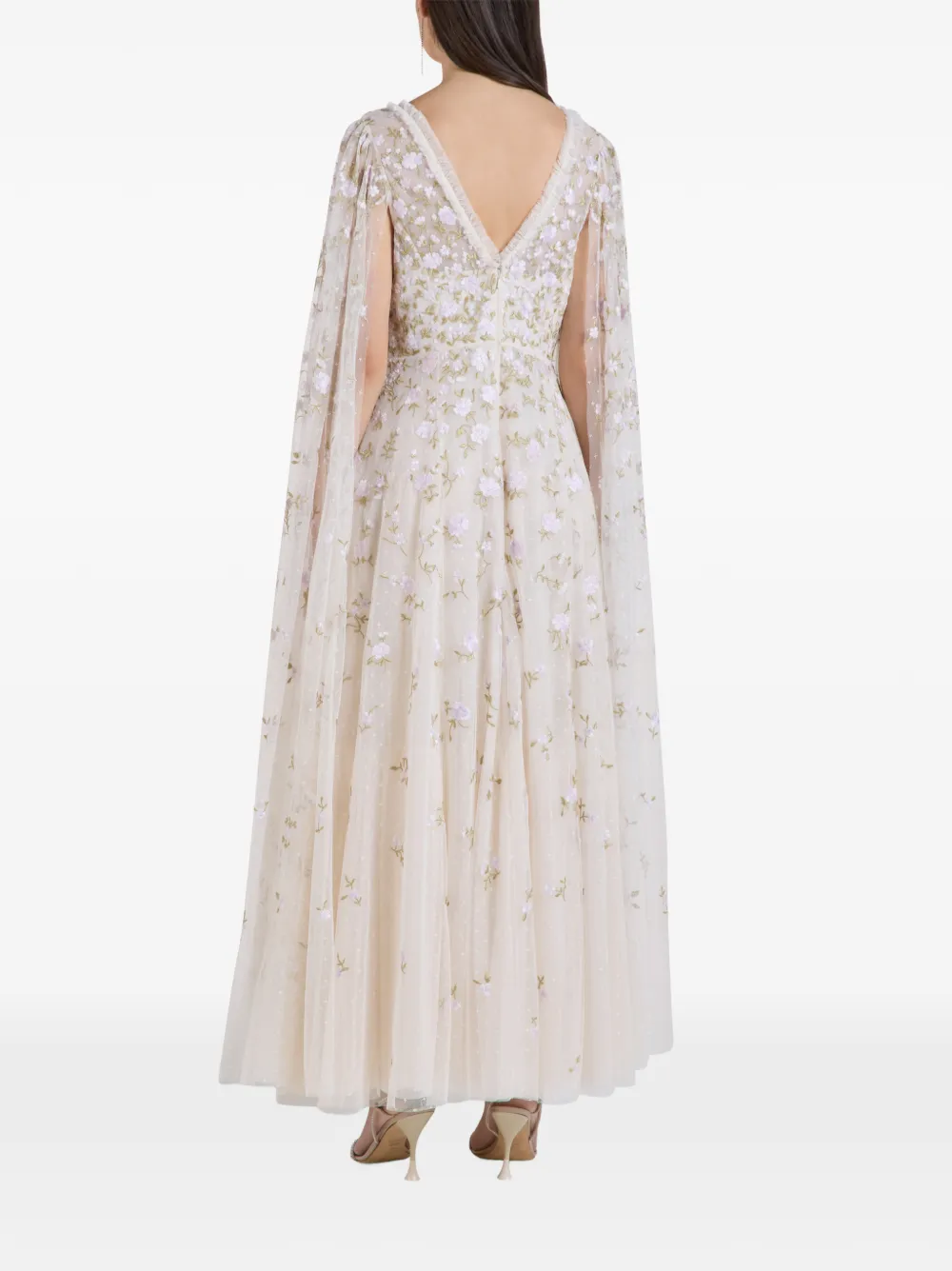 Needle & Thread Lea Ditsy jurk met capemouwen en geborduurde bloemen Beige