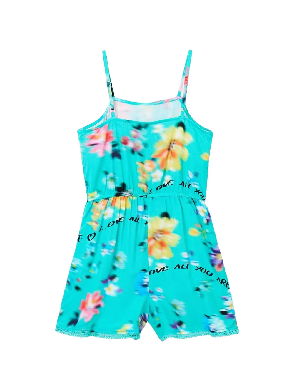 Desigual Playsuit met bloemenprint en tekst Blauw
